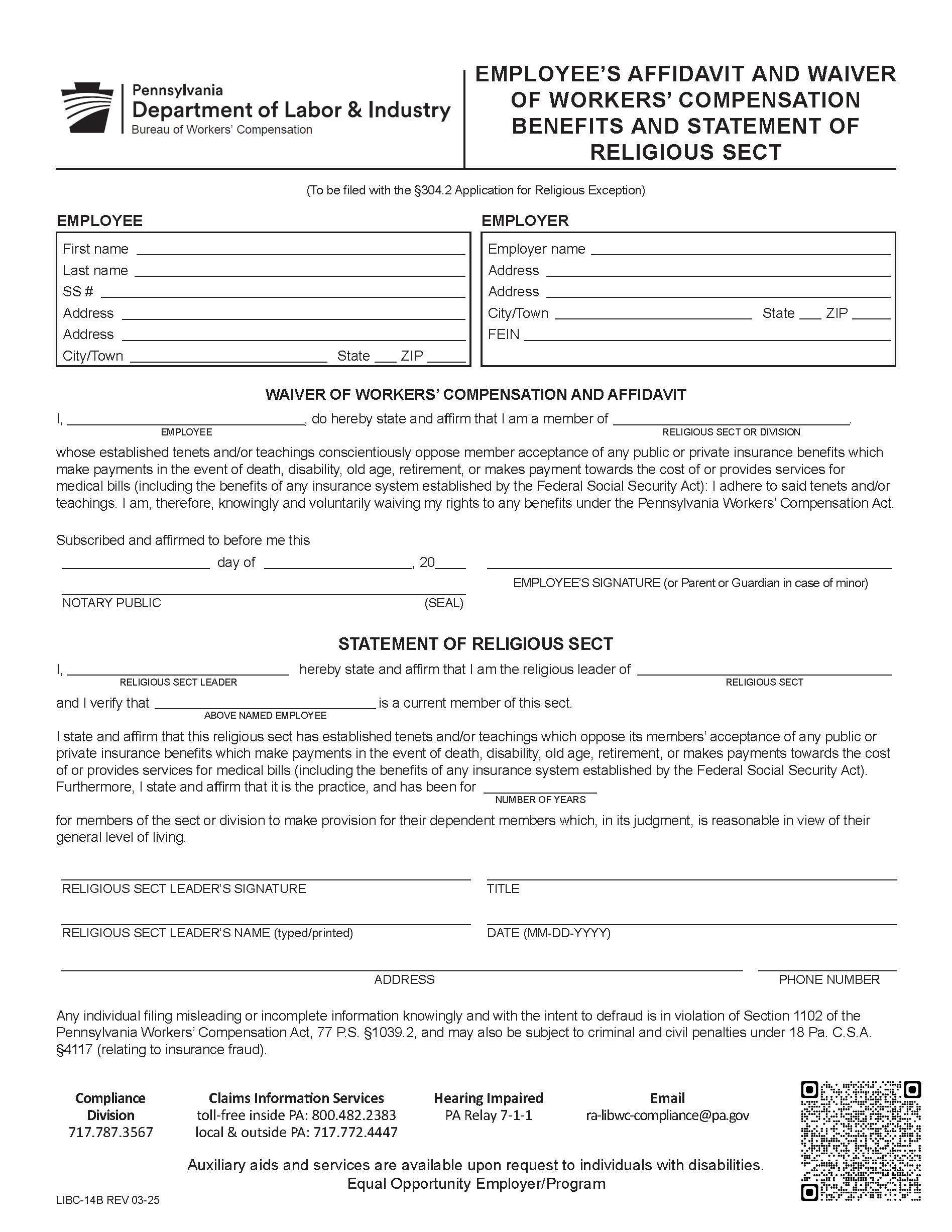 Employees Affidavit And Waiver Of Workers Compensation Benefits And Statement Of Religious Sect {LIBC-14B} | Pdf Fpdf Docx | Pennsylvania
