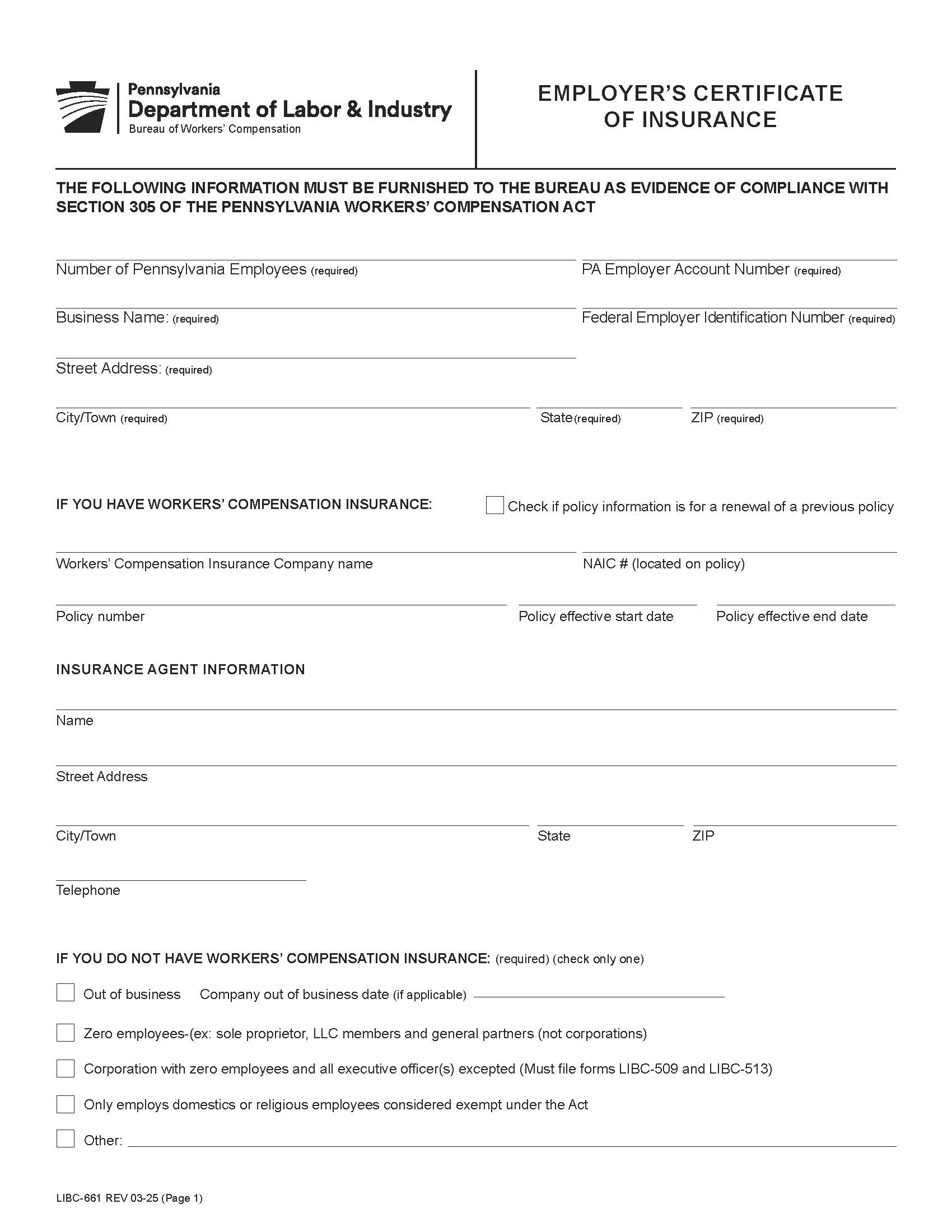 Employers Certificate Of Insurance {LIBC-661} | Pdf Fpdf Docx | Pennsylvania
