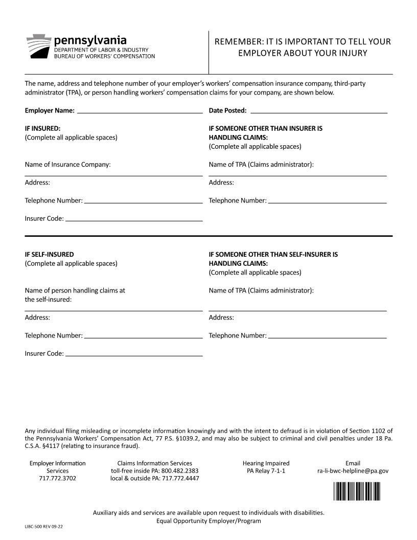 Employers Insurance Information Sheet {LIBC-500} | Pdf Fpdf Docx | Pennsylvania