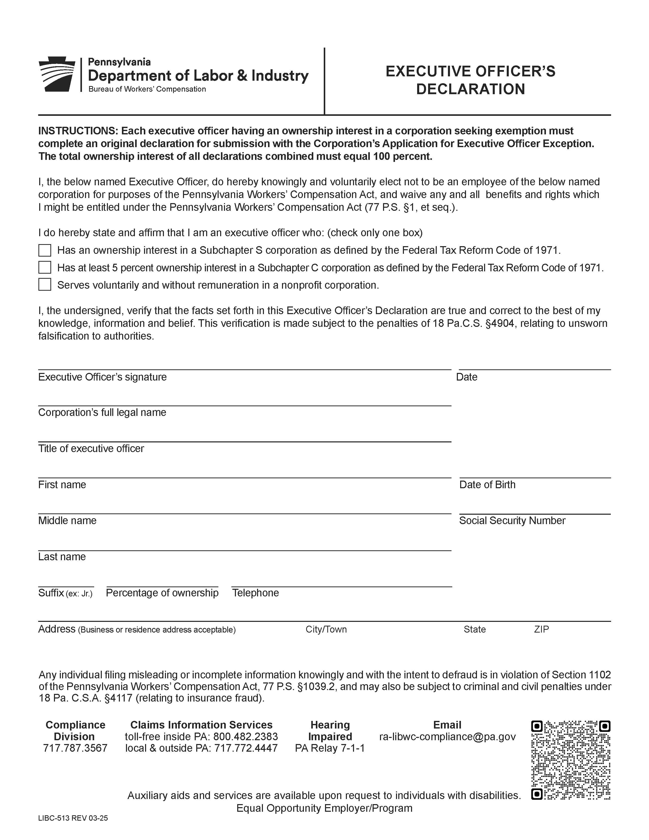 Executive Officers Declaration {LIBC-513} | Pdf Fpdf Docx | Pennsylvania