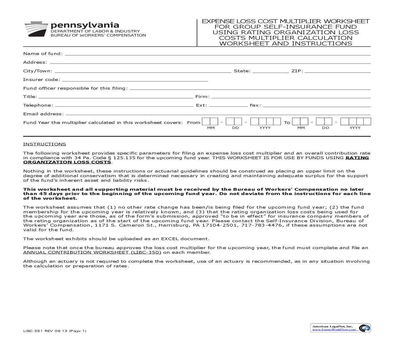 Expense Loss Cost Multiplier Worksheet For Group Sel-Insurance Fund {LIBC-351} | Pdf Fpdf Doc Docx | Pennsylvania
