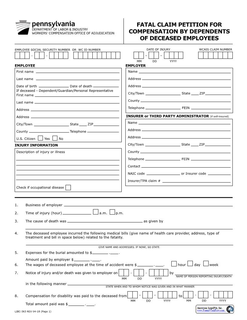 Fatal Claim Petition For Compensation By Dependents Of Deceased Employees {LIBC-363} | Pdf Fpdf Docx | Pennsylvania