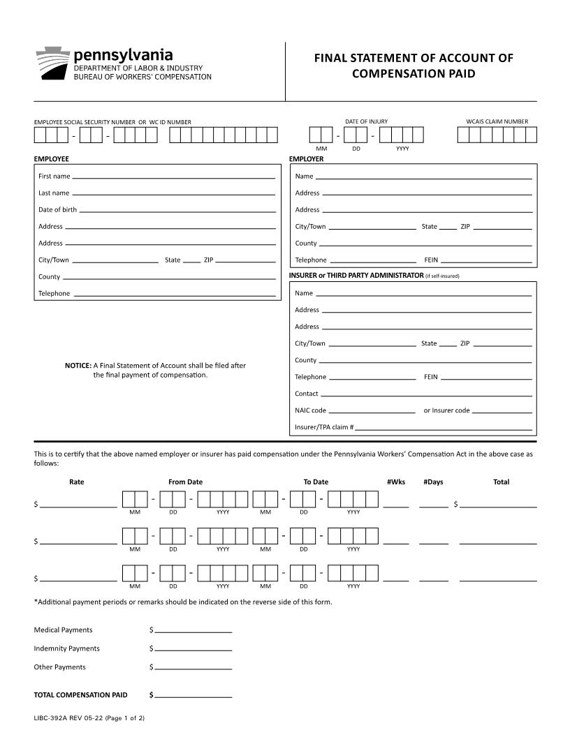 Final Statement Of Account Of Compensation Paid {LIBC-392A} | Pdf Fpdf Docx | Pennsylvania
