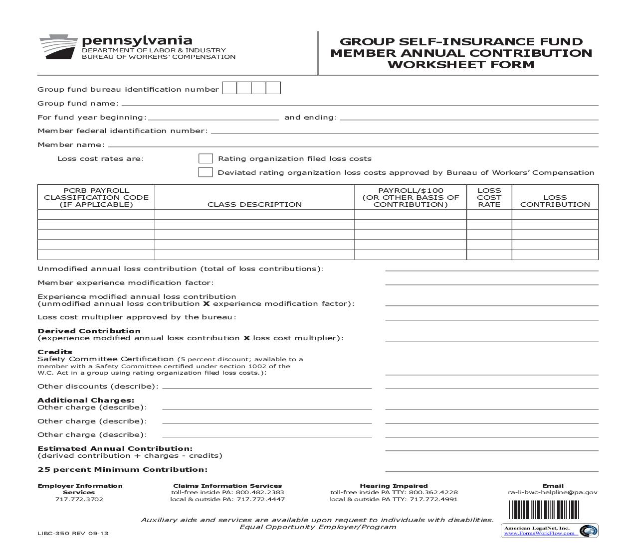 Group Self-Insurance Fund Member Annual Contribution Worksheet Form {LIBC-350} | Pdf Fpdf Doc Docx | Pennsylvania