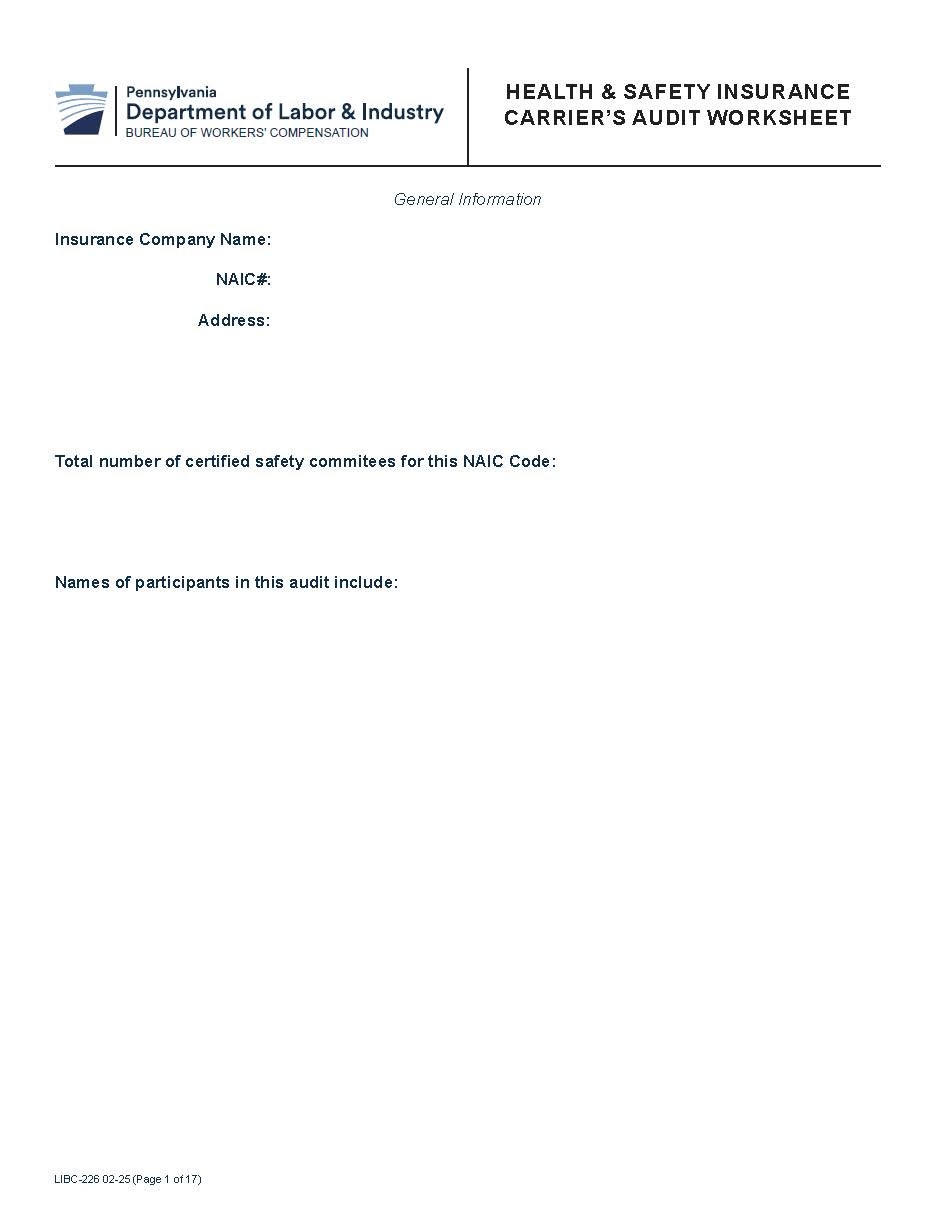 Health And Safety Insurance Carriers Audit Worksheet {LIBC-226} | Pdf Fpdf Docx | Pennsylvania