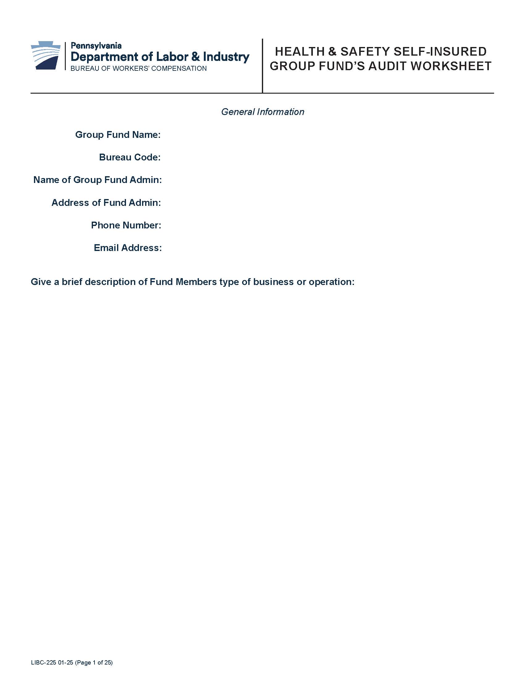 Health And Safety Self Insured Group Funds Audit Worksheet {LIBC-225} | Pdf Fpdf Docx | Pennsylvania