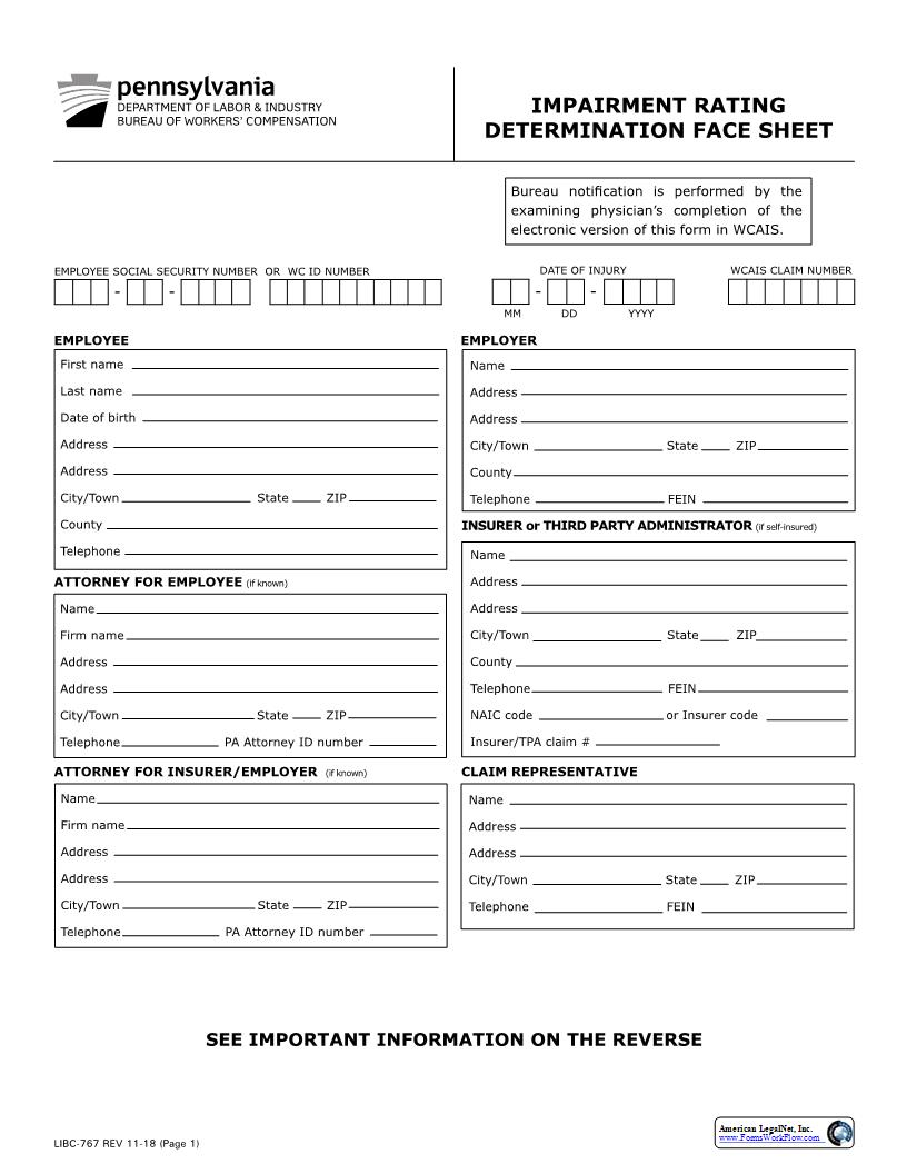 Impairment Rating Determination Sheet {LIBC-767} | Pdf Fpdf Docx | Pennsylvania