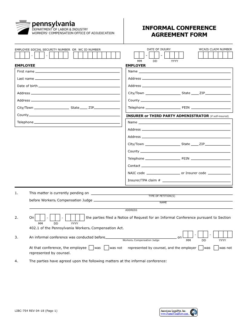 Informal Conference Agreement Form {LIBC-754} | Pdf Fpdf Docx | Pennsylvania