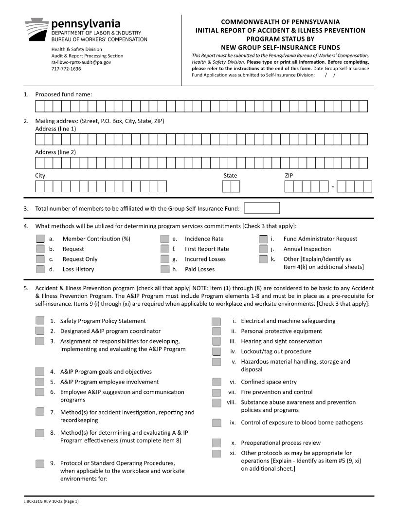 Initial Report Of Accident And Illness Prevention Program Status {LIBC-231G} | Pdf Fpdf Docx | Pennsylvania
