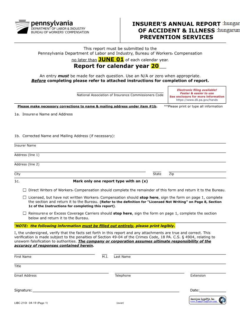 Insurers Annual Report Of Accident And Illness Prevention Services {LIBC-210I} | Pdf Fpdf Docx | Pennsylvania