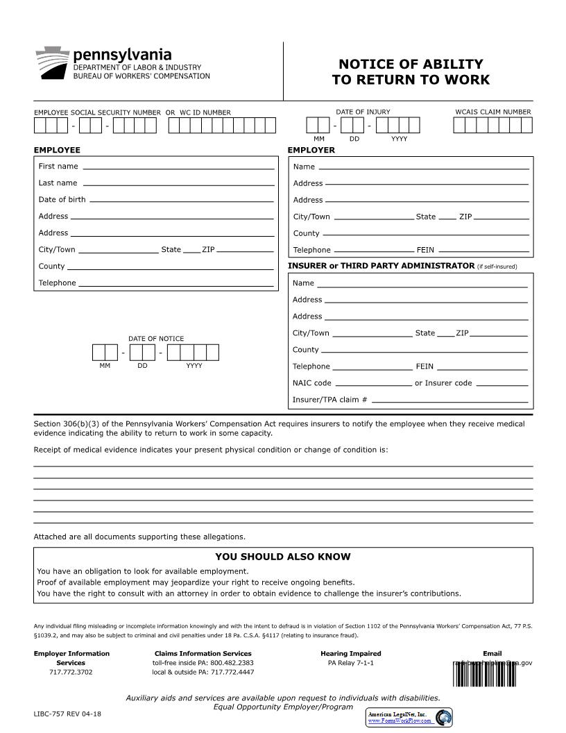 Notice Of AbilityTo Return To Work {LIBC-757} | Pdf Fpdf Docx | Pennsylvania