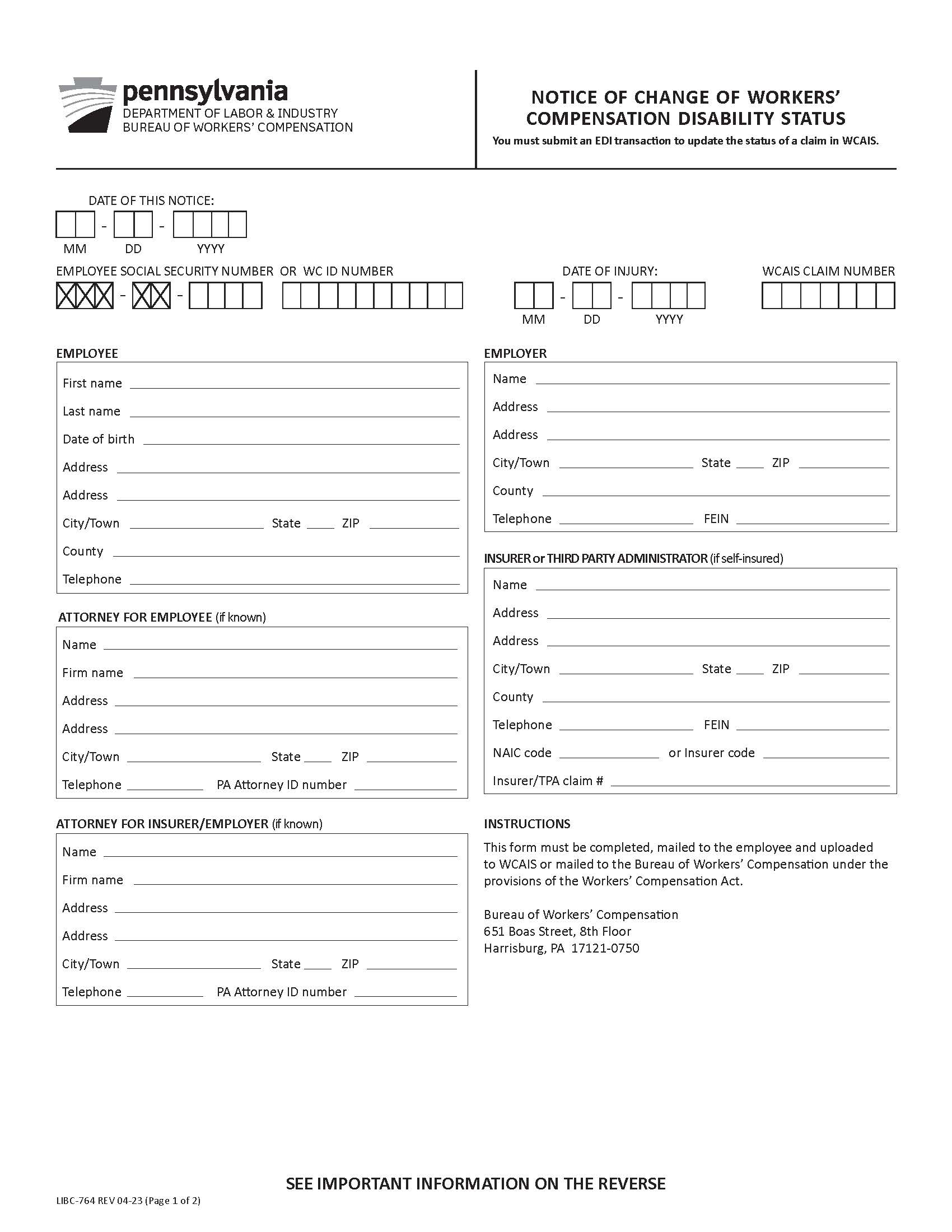 Notice Of Change Of  Workers Compensation Disability Status {LIBC-764} | Pdf Fpdf Docx | Pennsylvania