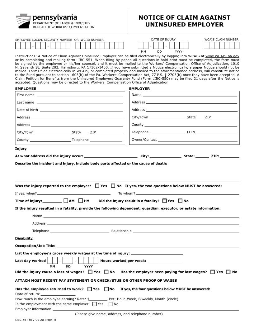 Notice Of Claim Against Uninsured Employer {LIBC-551} | Pdf Fpdf Docx | Pennsylvania