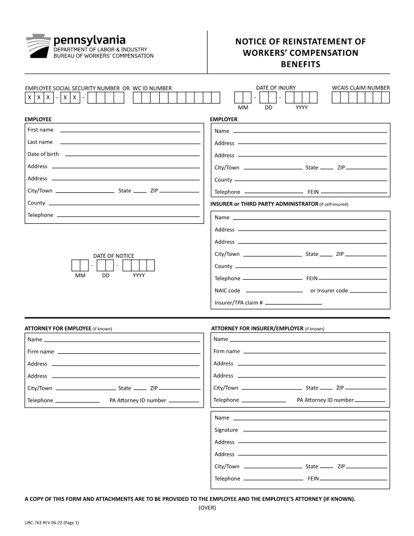 Notice Of Reinstatement Of Workers Compensation Benefits {LIBC-763} | Pdf Fpdf Docx | Pennsylvania