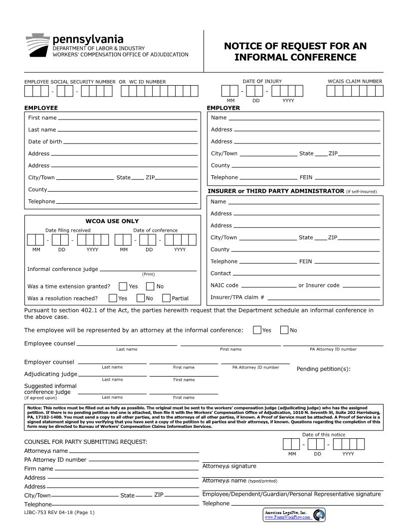 Notice Of Request For An Informal Conference {LIBC-753} | Pdf Fpdf Docx | Pennsylvania