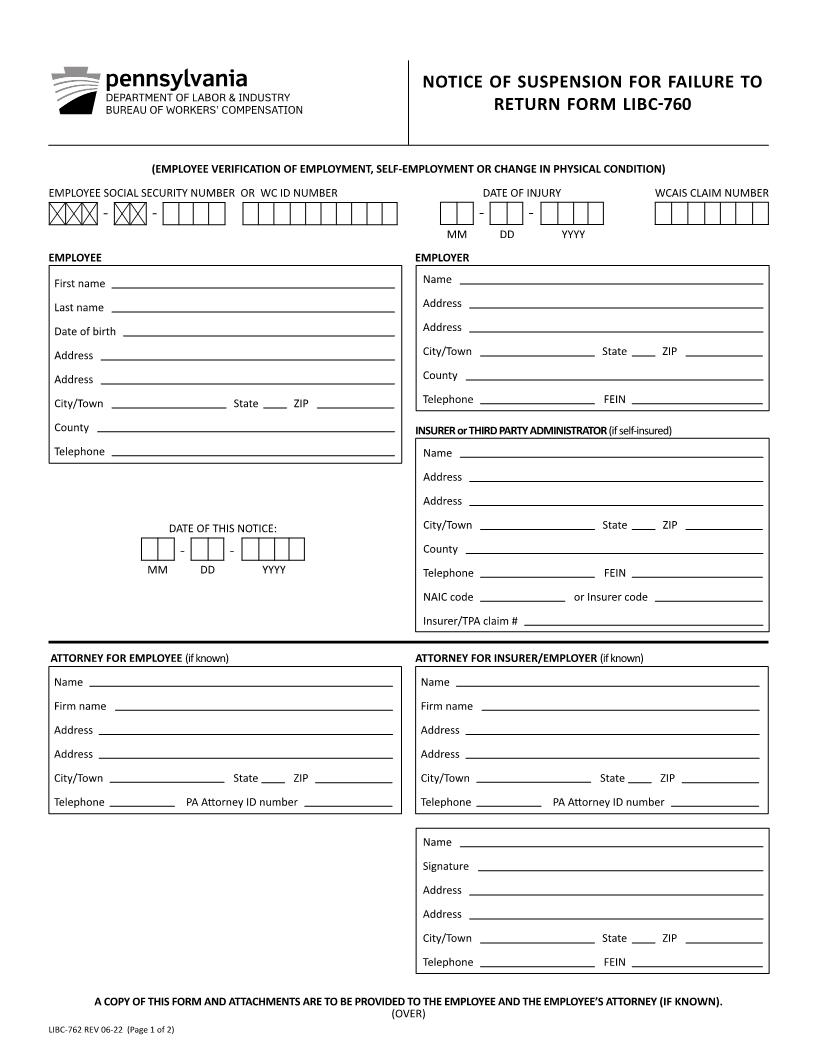 Notice Of Suspension For Failure To Return Form LIBC-760 {LIBC-762} | Pdf Fpdf Docx | Pennsylvania