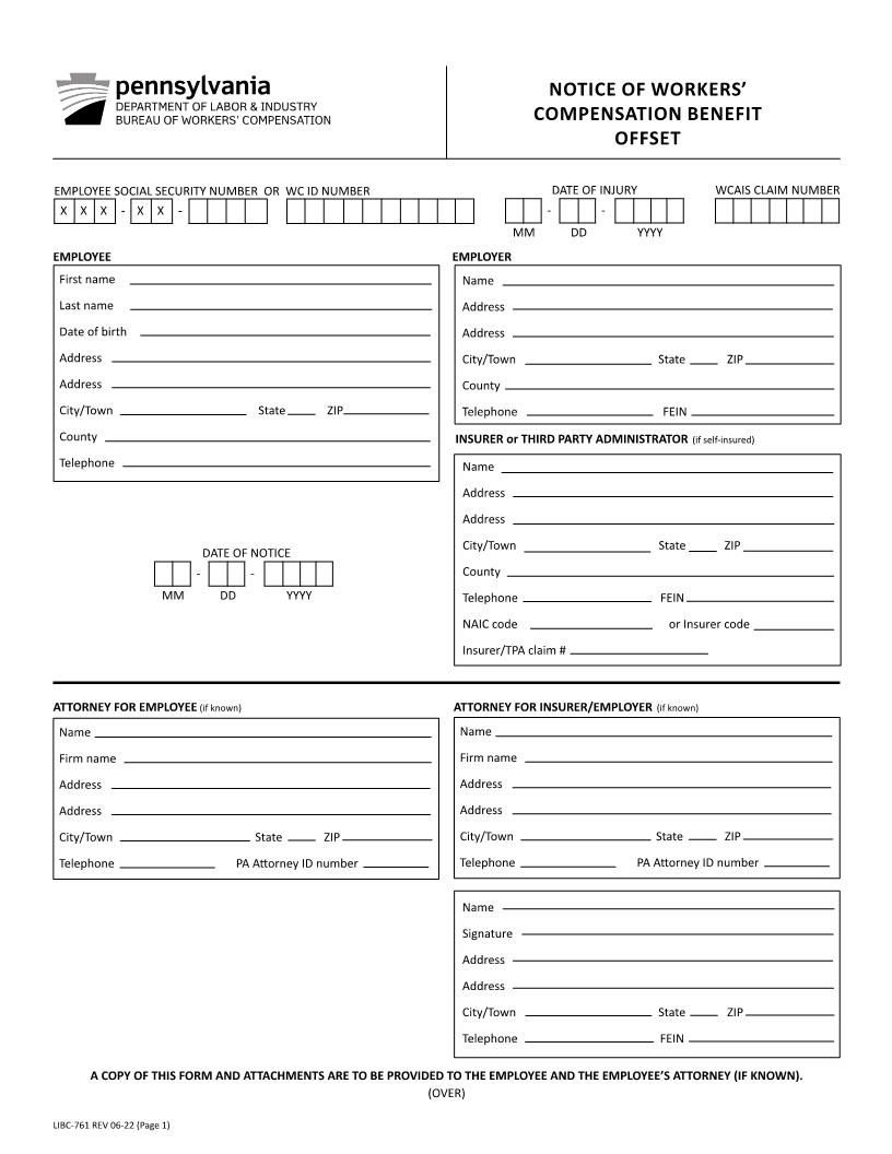 Notice Of Workers Compensation Benefit Offset {LIBC-761} | Pdf Fpdf Docx | Pennsylvania