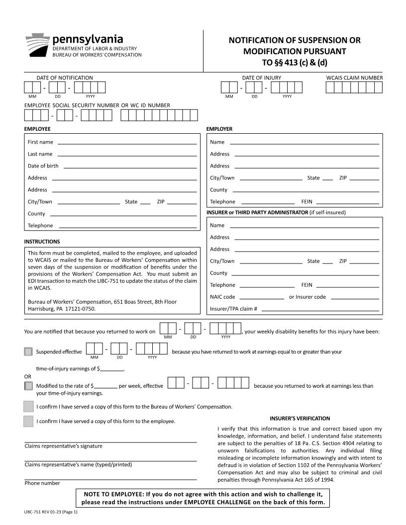 Notification Of Suspension Or Modification Pursuant To Section 413 (C) And (D) {LIBC-751} | Pdf Fpdf Docx | Pennsylvania