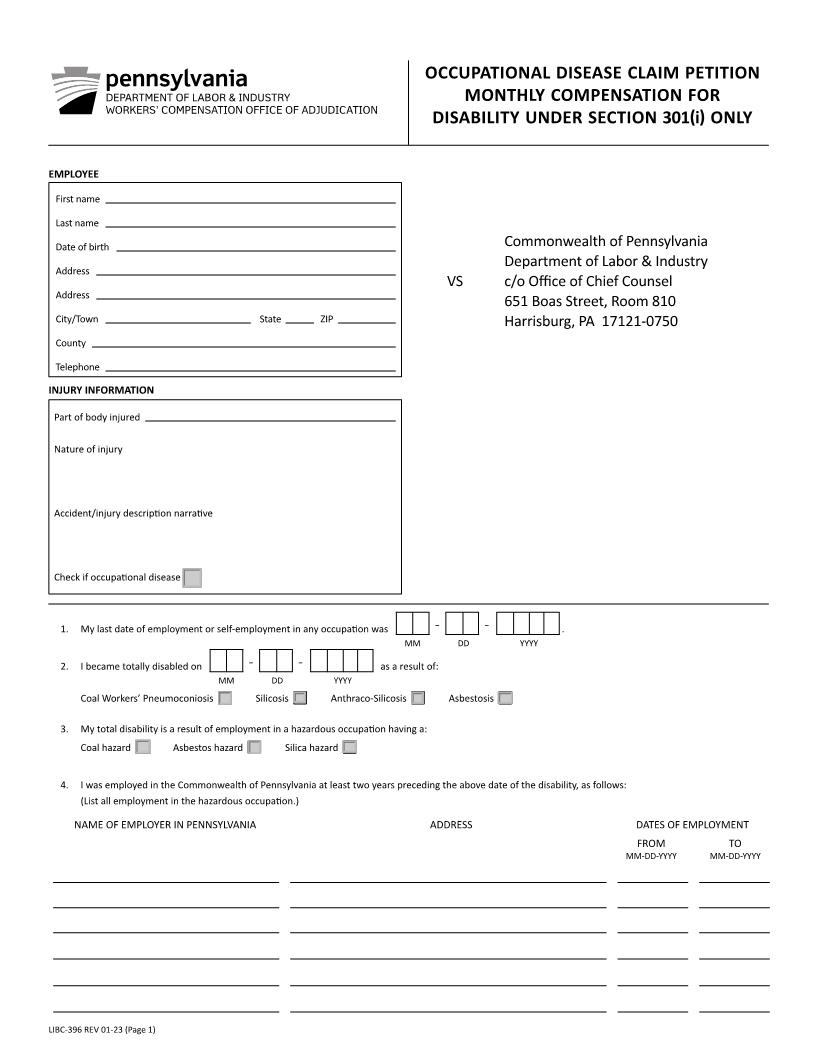 Occupational Disease Claim Petition {LIBC-396} | Pdf Fpdf Docx | Pennsylvania