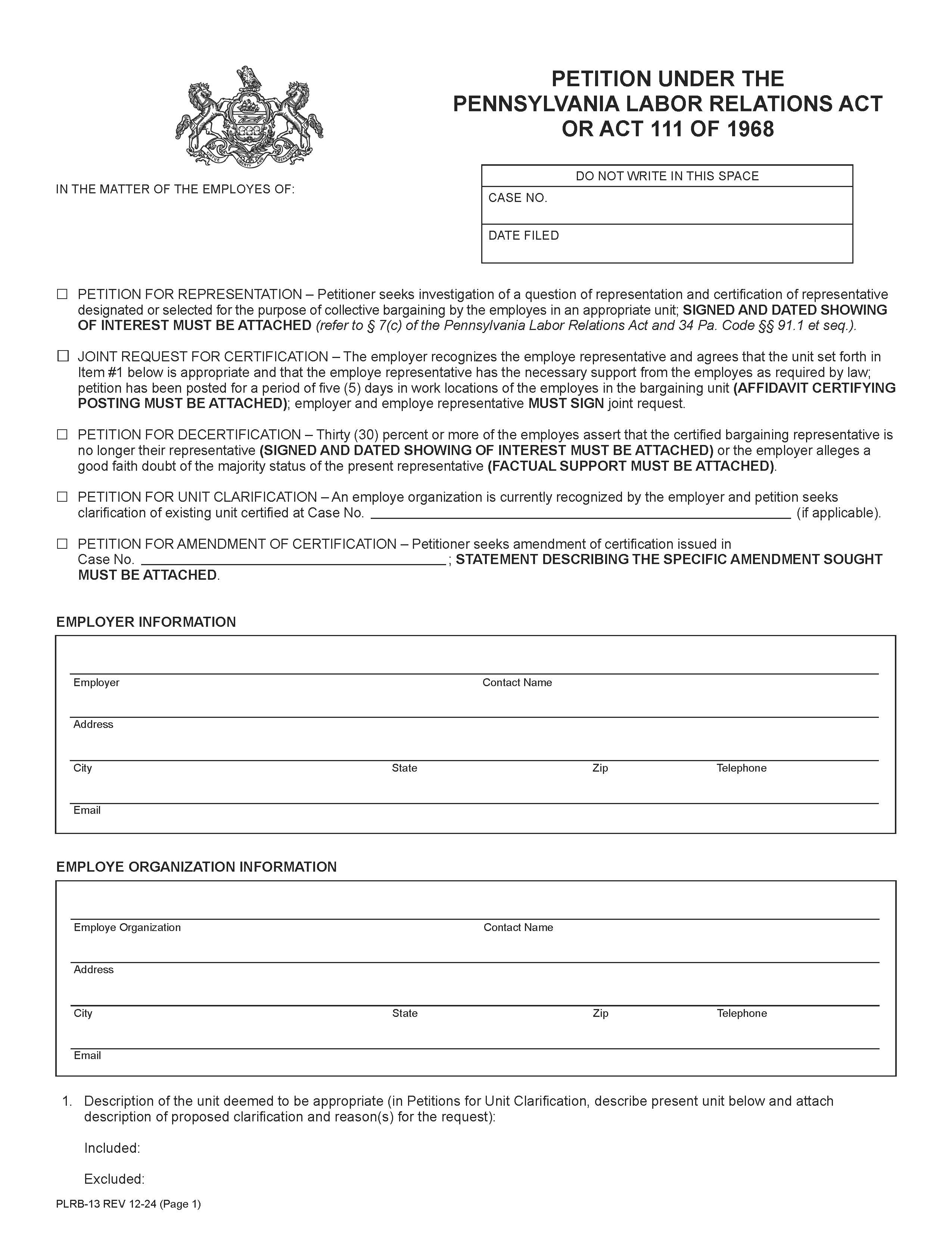 Petition (Police, Fire And Private Sector) {PLRB-13} | Pdf Fpdf Doc Docx | Pennsylvania