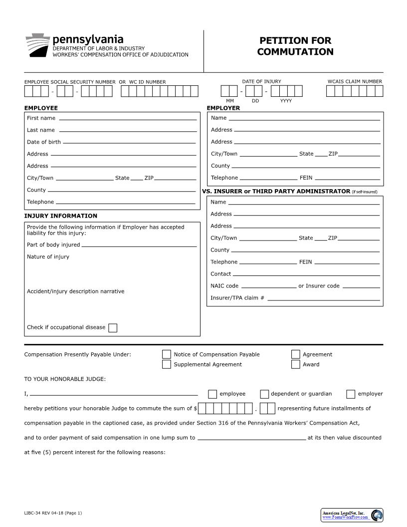 Petition For Commutation {LIBC-34} | Pdf Fpdf Docx | Pennsylvania
