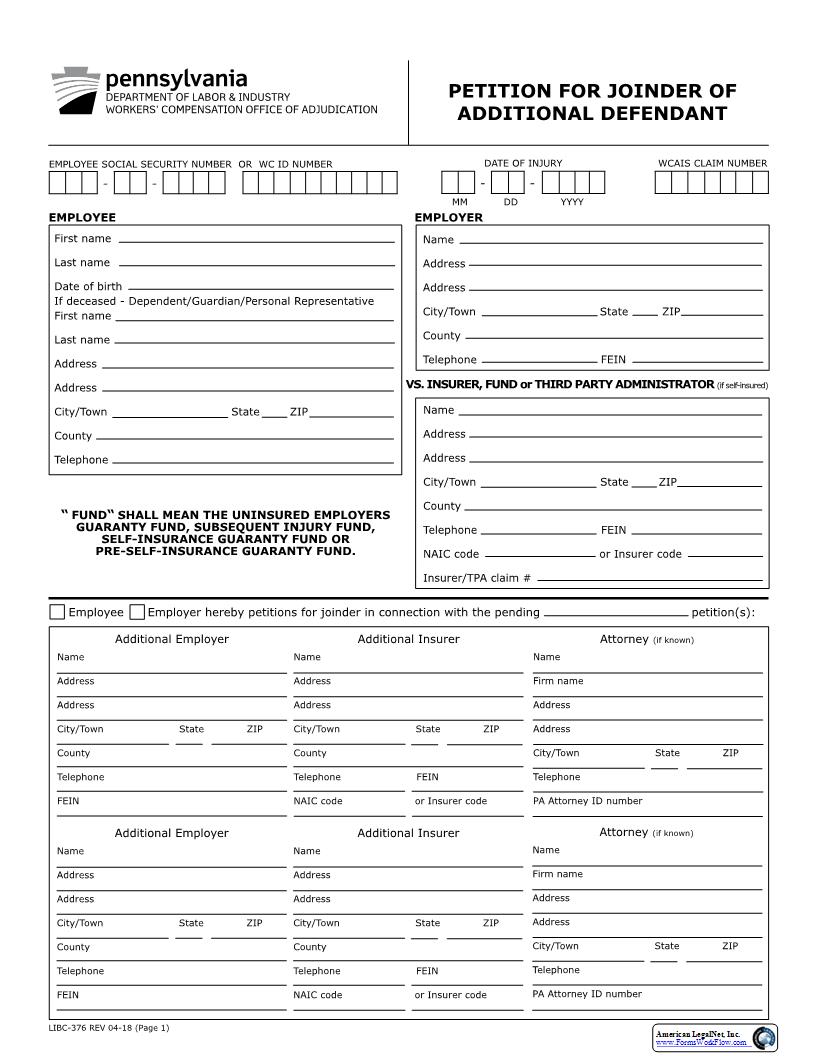 Petition For Joinder Of Additional Defendant {LIBC-376} | Pdf Fpdf Docx | Pennsylvania