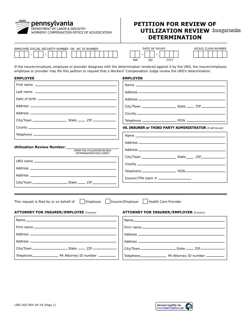 Petition For Review Of Utilization Review Determination {LIBC-603} | Pdf Fpdf Docx | Pennsylvania
