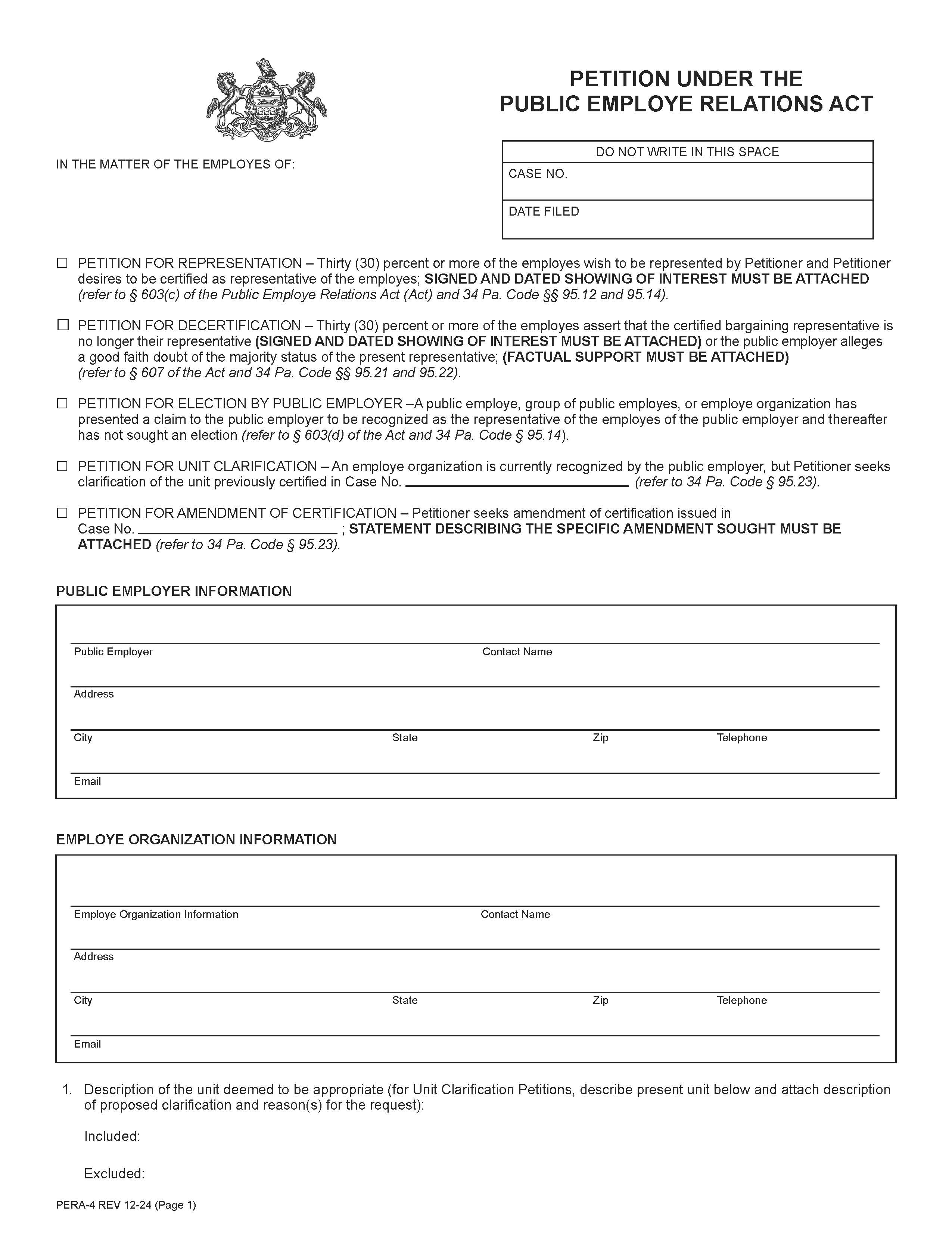 Petition Under The Public Employe Relations Act {PERA-4} | Pdf Fpdf Doc Docx | Pennsylvania