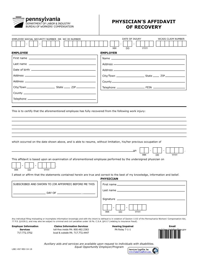 Physicians Affidavit Of Recovery {LIBC-497} | Pdf Fpdf Docx | Pennsylvania