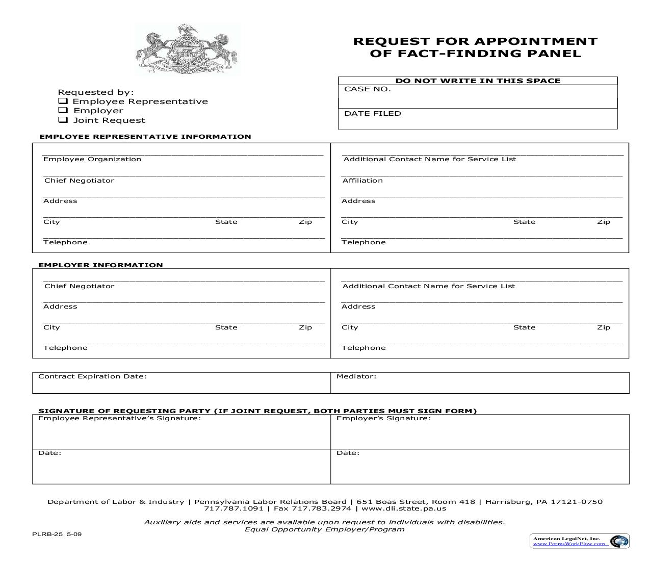 Request For Appointment Of Fact-Finding Panel {PLRB-25} | Pdf Fpdf Doc Docx | Pennsylvania