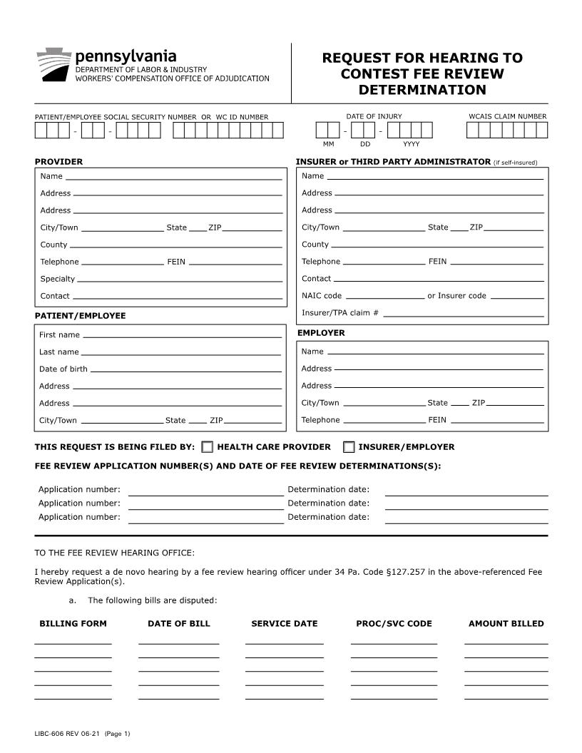 Request For Hearing To Contest Fee Review Determination {LIBC-606} | Pdf Fpdf Docx | Pennsylvania