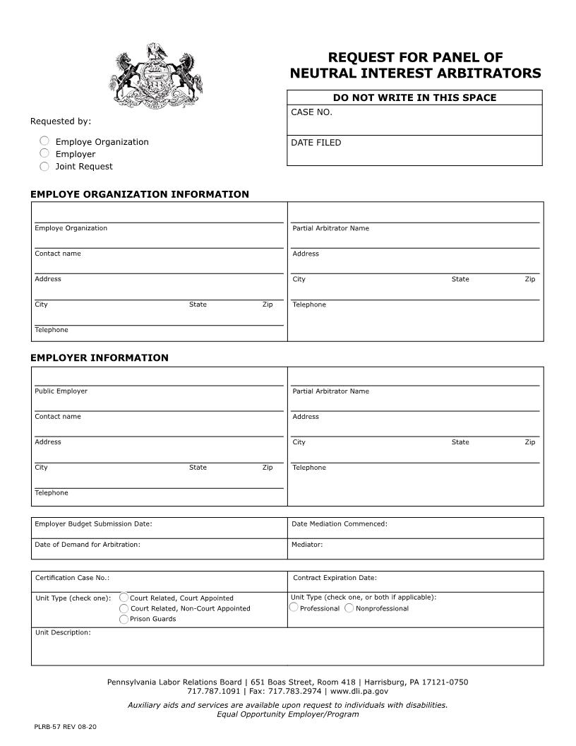 Request For Panel Of Neutral Interest Arbitrators {PLRB-57} | Pdf Fpdf Doc Docx | Pennsylvania