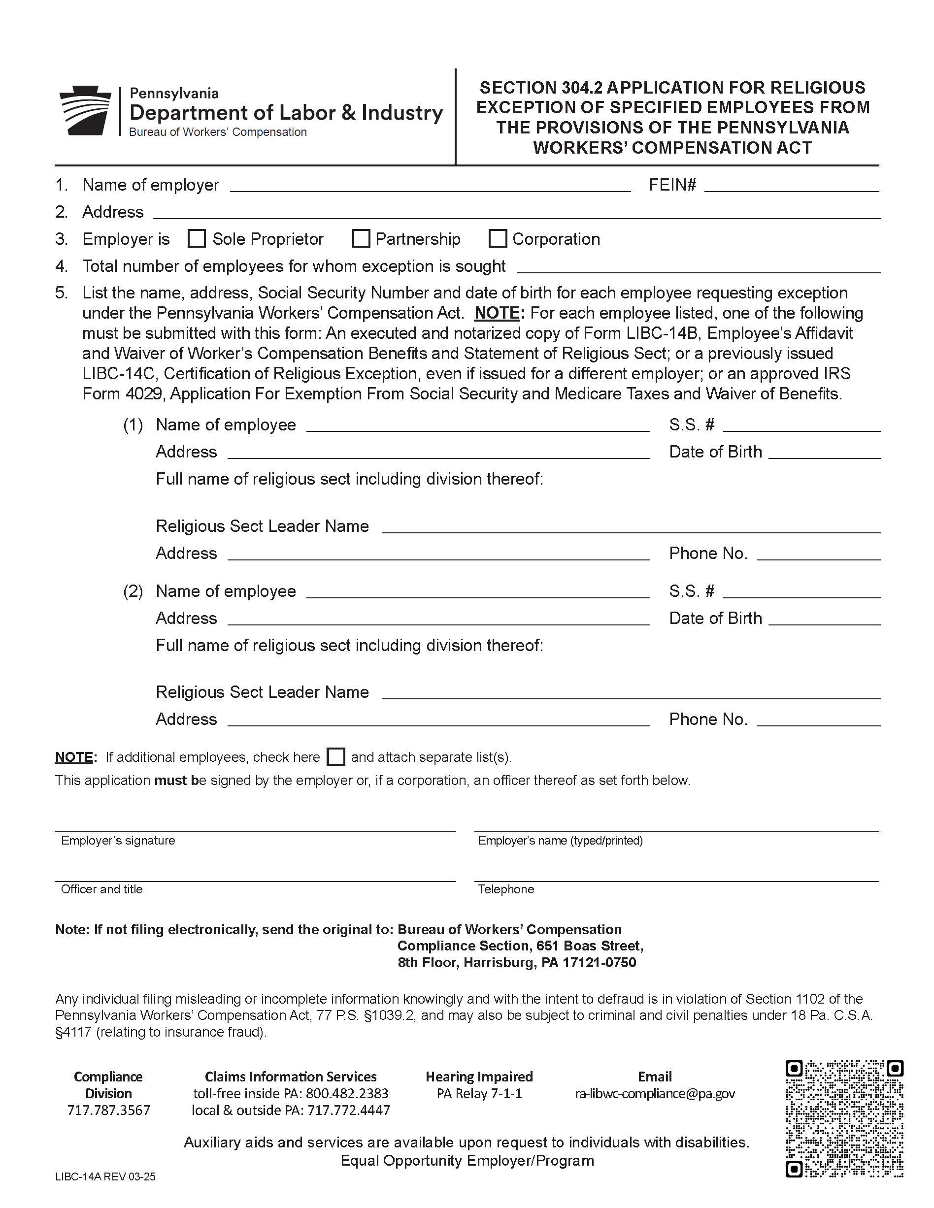 Section 304.2 Application For Religious Exception Of Specified Employes {LIBC-14A} | Pdf Fpdf Docx | Pennsylvania