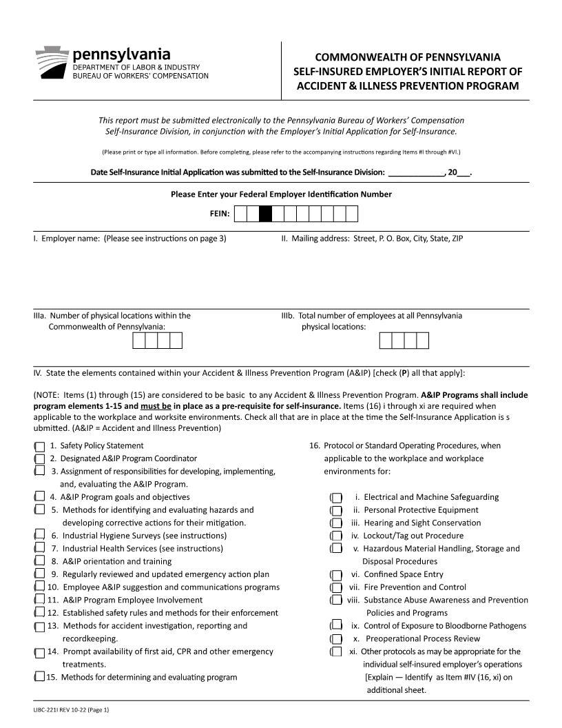 Self-Insured Employers Initial Report Of Accident Prevention Program {LIBC-221I} | Pdf Fpdf Docx | Pennsylvania