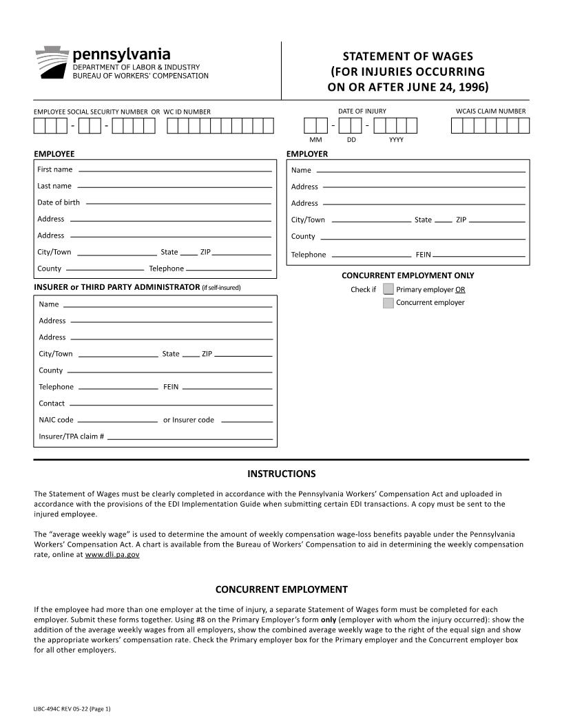 Statement Of Wages (For Injuries Occurring On And After June 24, 1996) {LIBC-494C} | Pdf Fpdf Doc Docx | Pennsylvania