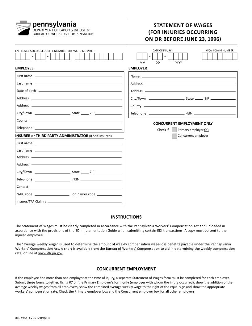 Statement Of Wages (For Injuries Occurring On Or Before June 23 1996) {LIBC-494A} | Pdf Fpdf Docx | Pennsylvania