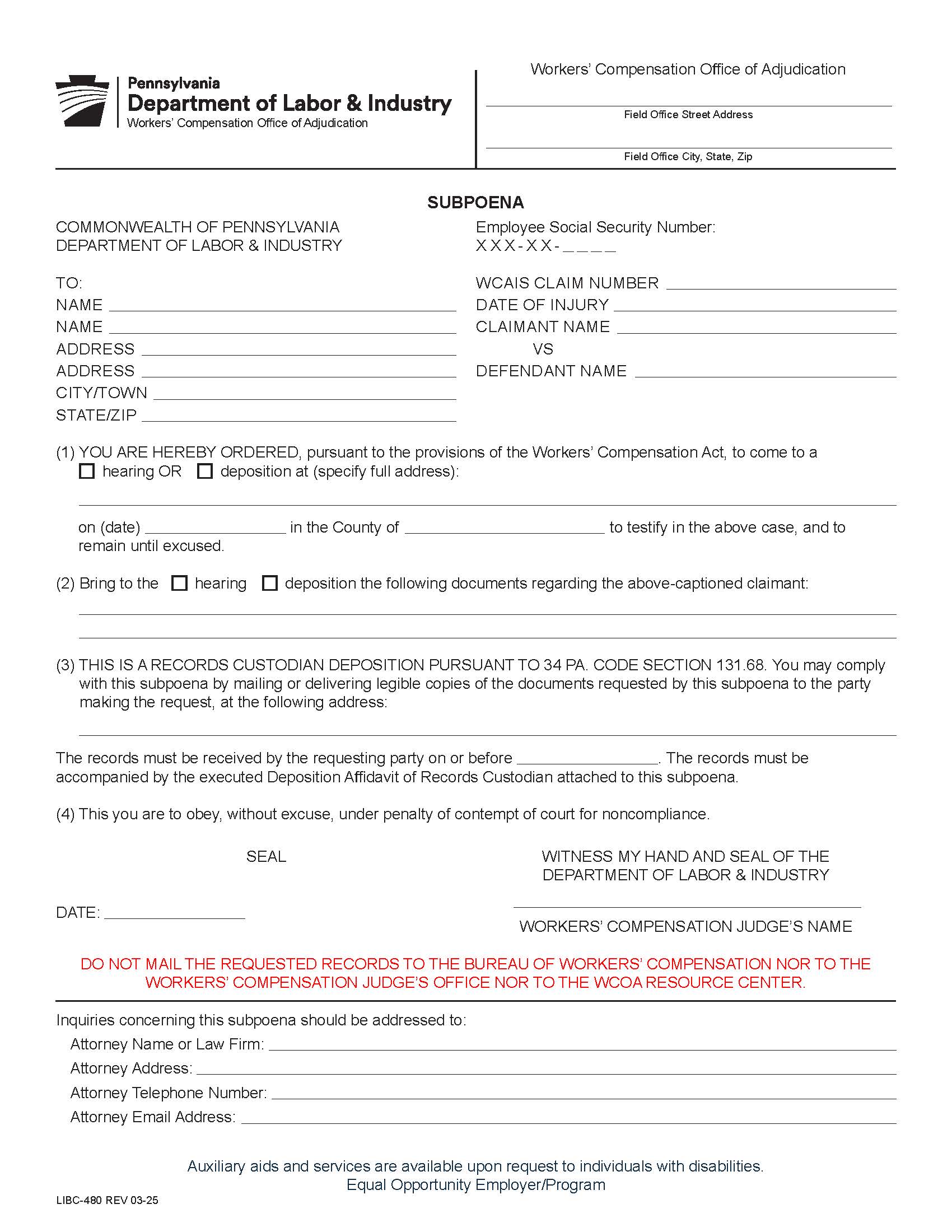 Subpoena {LIBC-480} | Pdf Fpdf Doc Docx | Pennsylvania