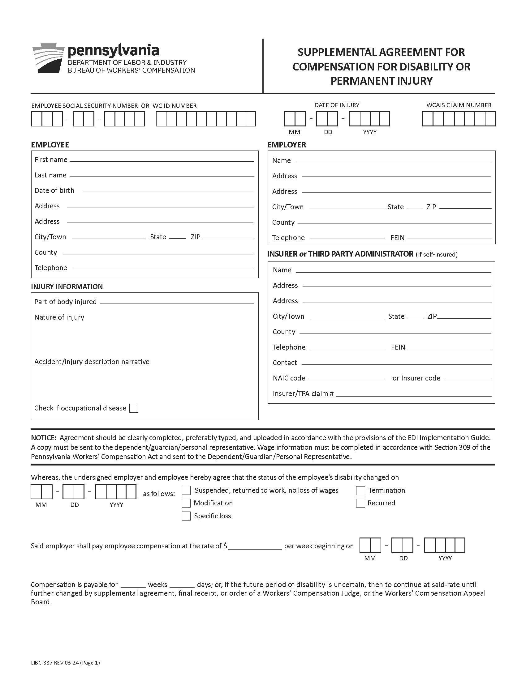 Supplemental Agreement For Compensation For Disability Or Permanent Injury {LIBC-337} | Pdf Fpdf Docx | Pennsylvania