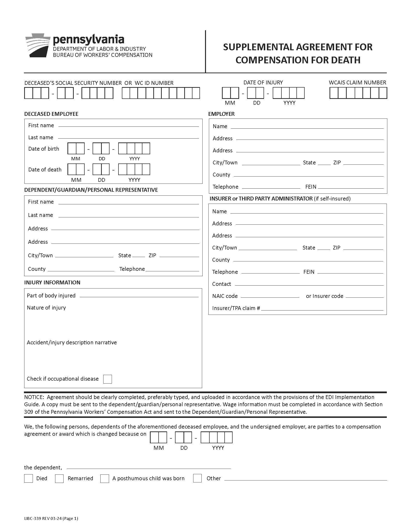 Supplemental Agreement Form Compensation For Death {LIBC-339} | Pdf Fpdf Docx | Pennsylvania