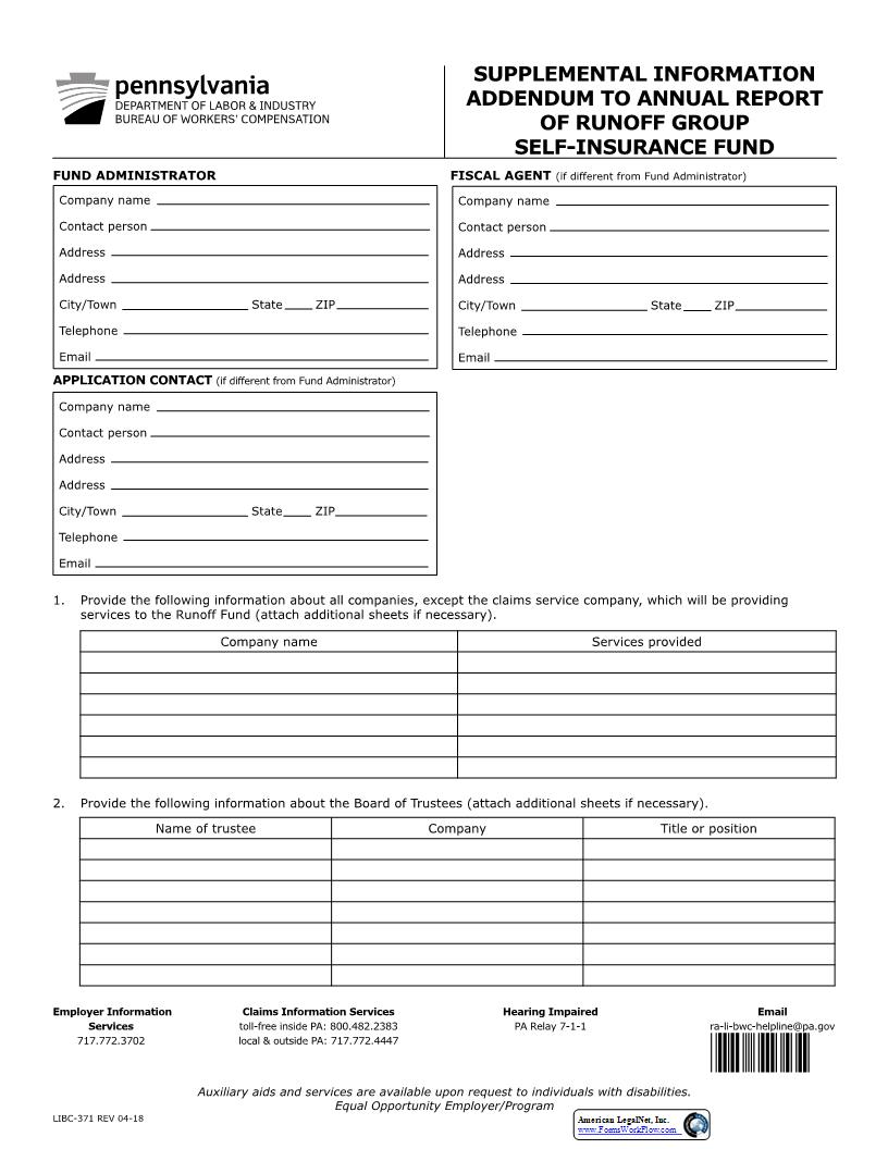 Supplemental Information Addendum To Annual Report Of Runoff Group Self-Insurance Fund {LIBC-371} | Pdf Fpdf Docx | Pennsylvania