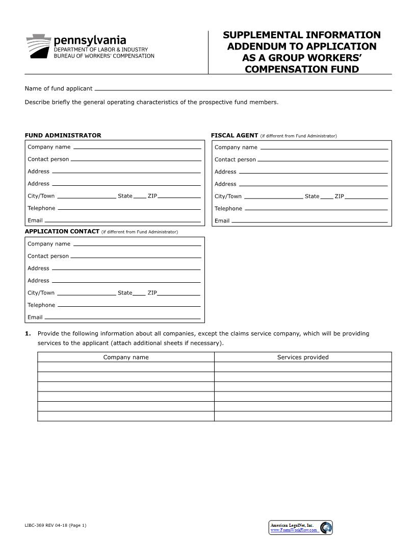 Supplemental Information Addendum To Application As A Group Workers Compensation Fund {LIBC-369} | Pdf Fpdf Docx | Pennsylvania