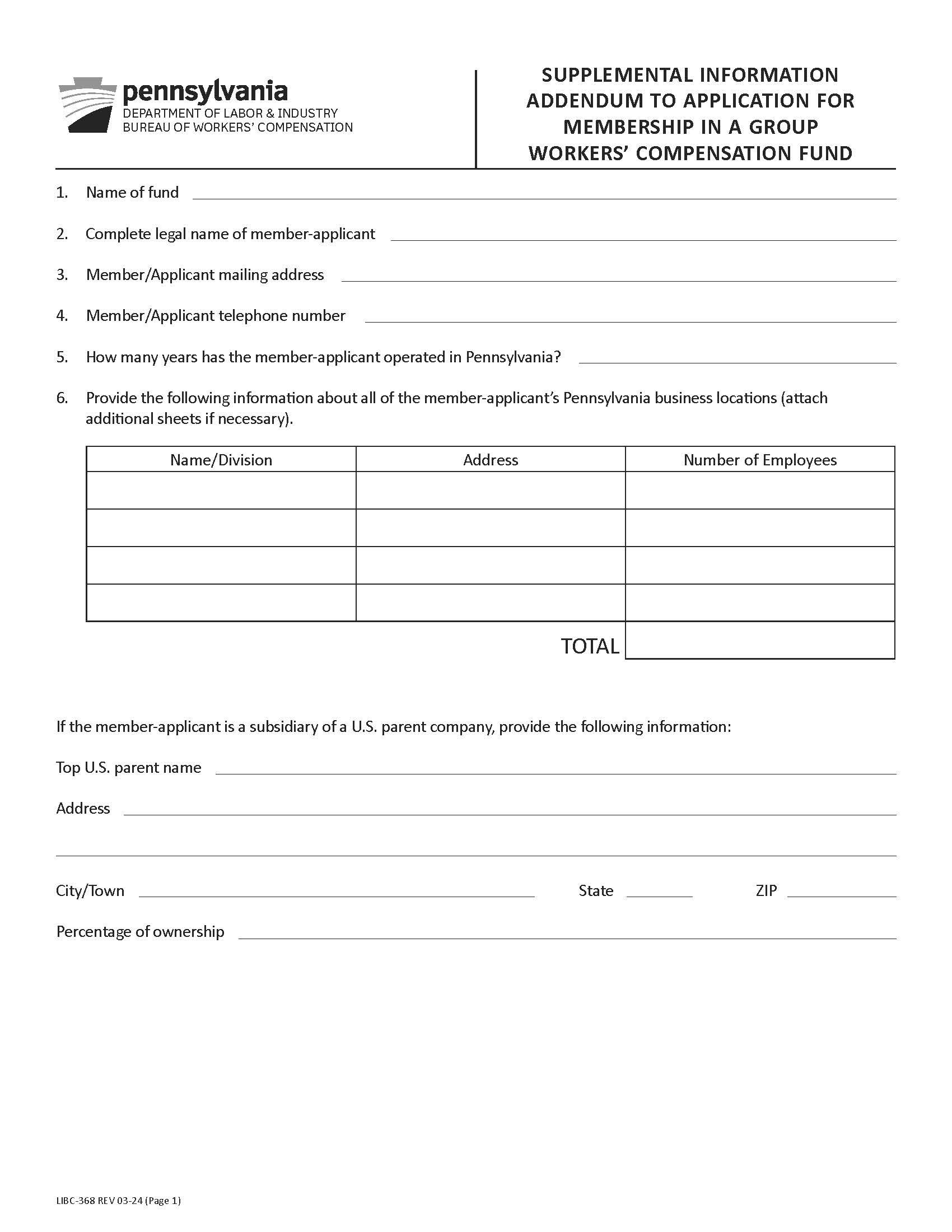 Supplemental Information Addendum To Group Workers Compensation Fund {LIBC-368} | Pdf Fpdf Docx | Pennsylvania