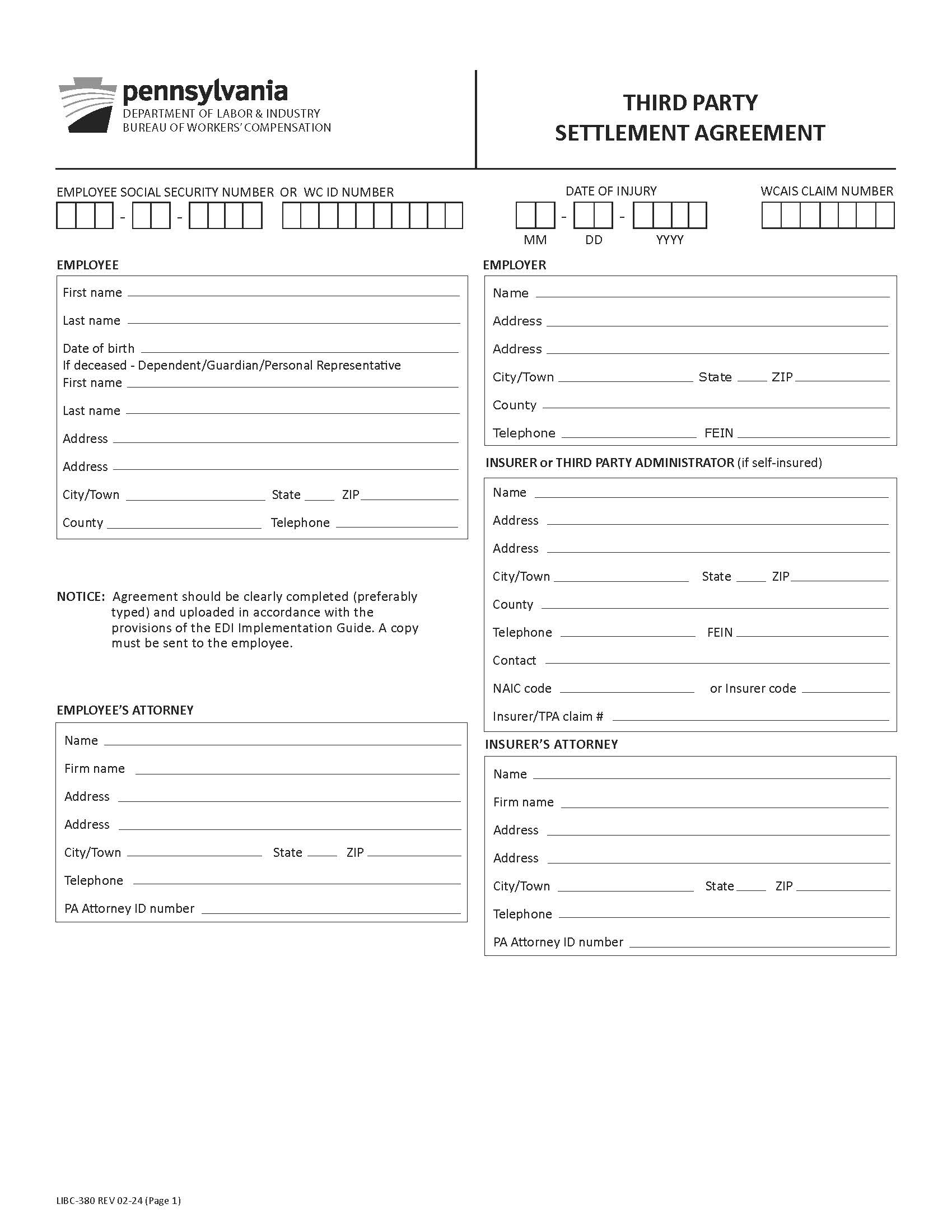 Third Party Settlement Agreement {LIBC-380} | Pdf Fpdf Docx | Pennsylvania