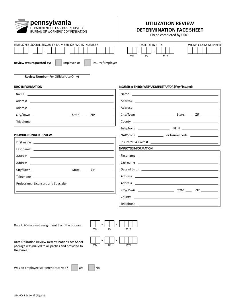 Utilization Review Determination Face Sheet {LIBC-604} | Pdf Fpdf Docx | Pennsylvania