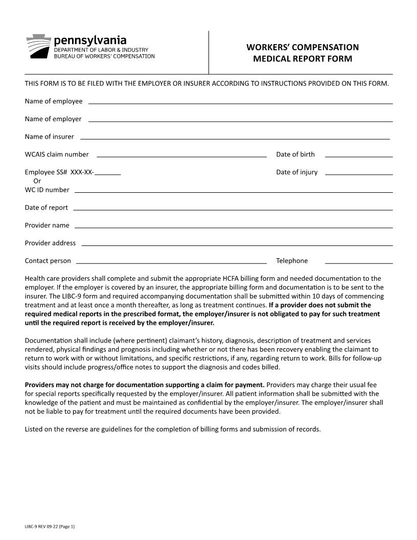 Workers Compensation Medical Report Form {LIBC-9} | Pdf Fpdf Docx | Pennsylvania
