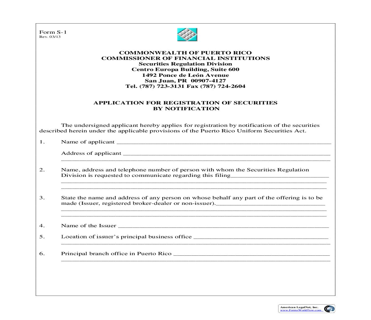 Application For Registration Of Securities By Notification {S1} | Pdf Fpdf Doc Docx | Puerto Rico