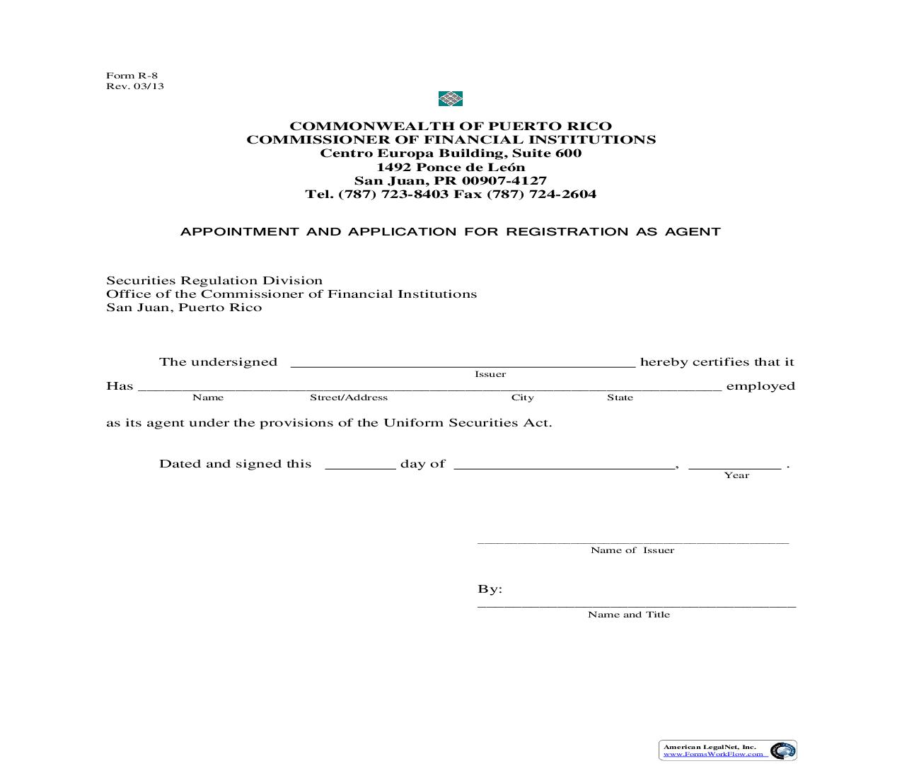 Appointment And Application For Registration As Agent {R8} | Pdf Fpdf Doc Docx | Puerto Rico