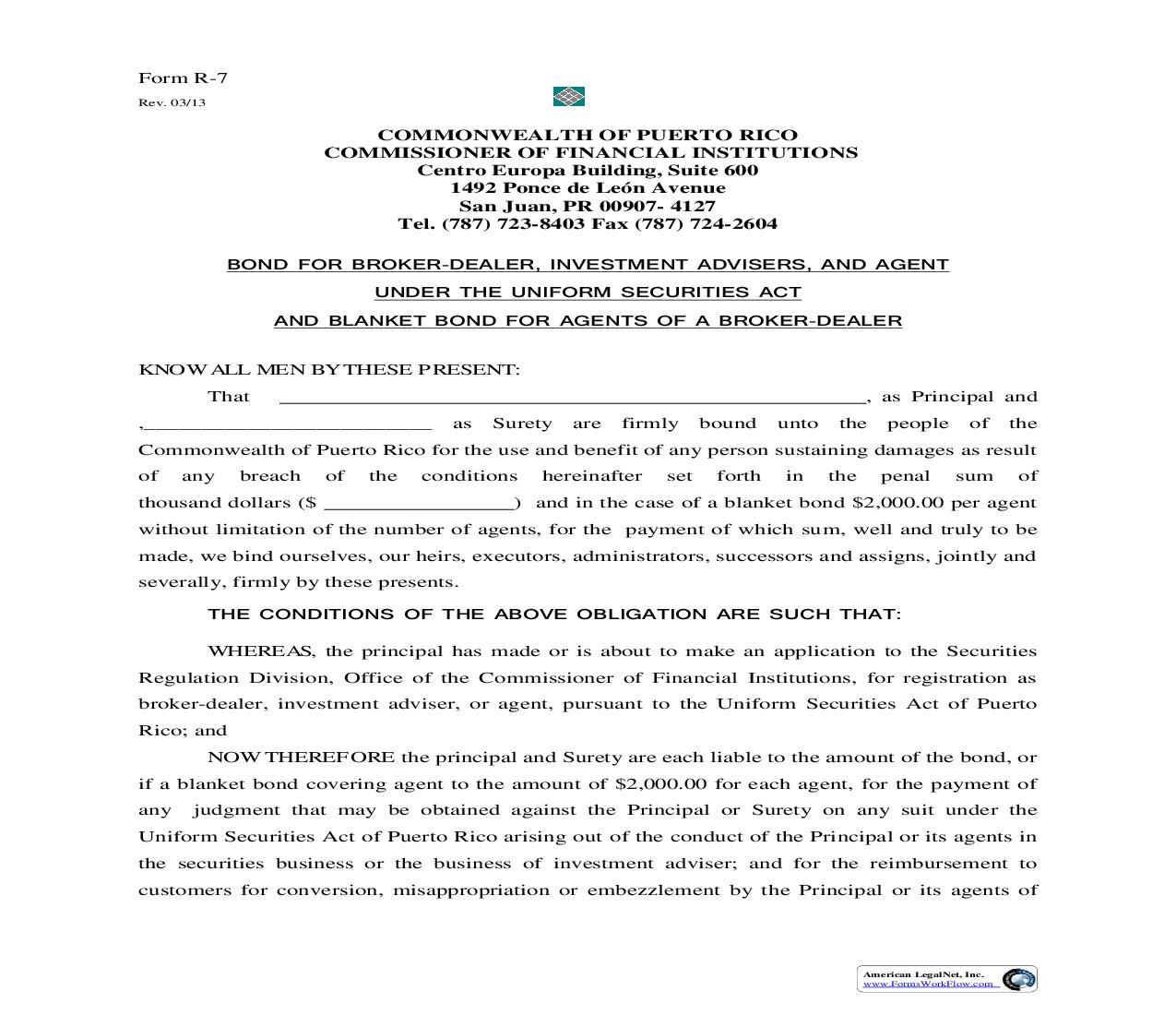 Bond For Broker Dealer Investment Advisers And Agent {R7} | Pdf Fpdf Doc Docx | Puerto Rico