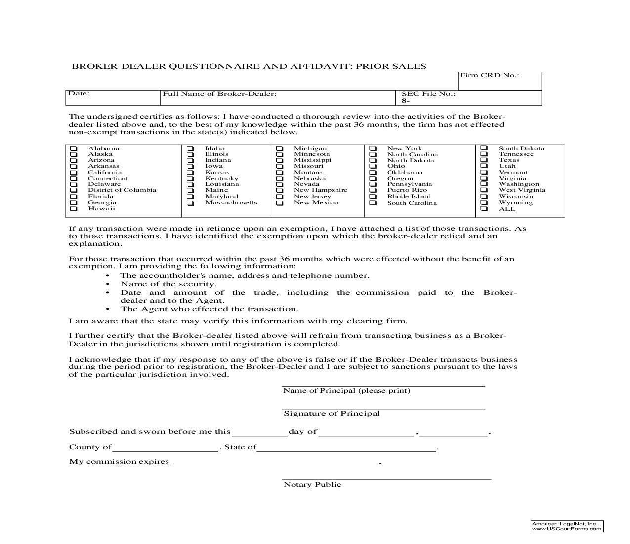 Broker Dealer Questionnaire And Affidavit Prior Sales {BDQA} | Pdf Fpdf Doc Docx | Puerto Rico