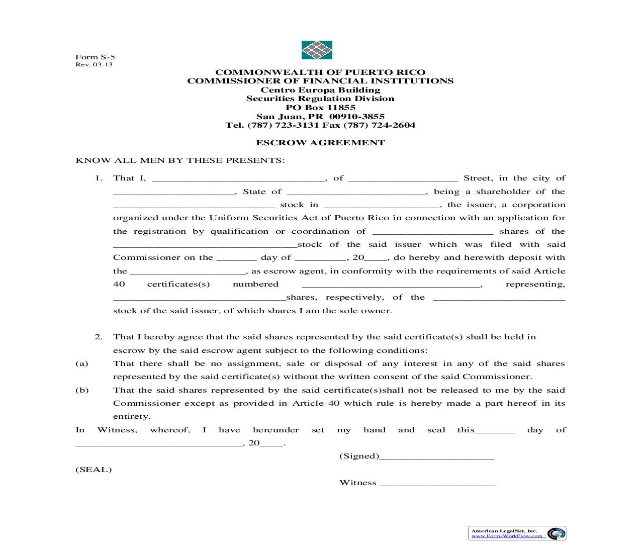 Escrow Agreement {S5} | Pdf Fpdf Doc Docx | Puerto Rico